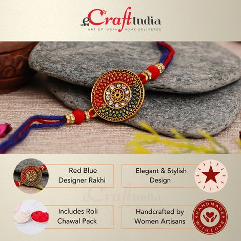 Stone Red, Blue Round Designer Rakhi for Brother & Roli Chawal Pack (eCraftIndia)