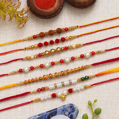 Religious Multicolor Rudraksha, Beads, Pearls, Designer Rakhis & Roli Chawal Pack Rakhis for Brothers (eCraftIndia) Set of 7