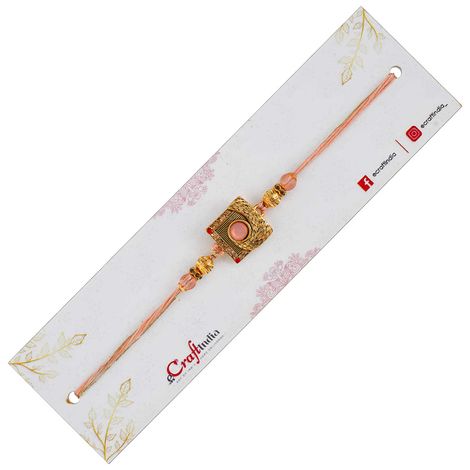 Stone Pastel Pink Golden Designer Fancy Raksha Bandhan Rakhi for Bhai Bhaiya | Roli Chawal Pack (eCraftIndia)