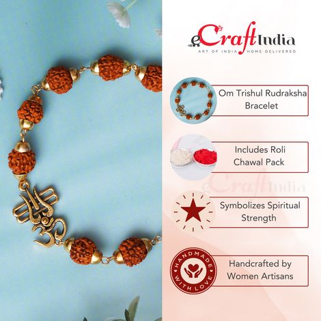 Religious Om Trishul Rudraksha Bracelet Rakhi for Brother & Roli Chawal Pack (eCraftIndia)