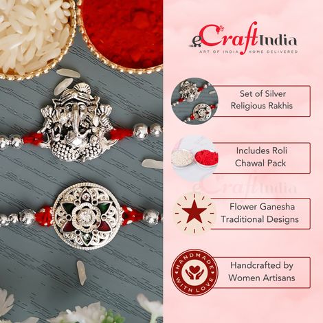 Religious Silver Religious Lord Ganesha and Flower Designer Rakhis with Red Threads, & Roli Chawal Pack (eCraftIndia) Set of 2