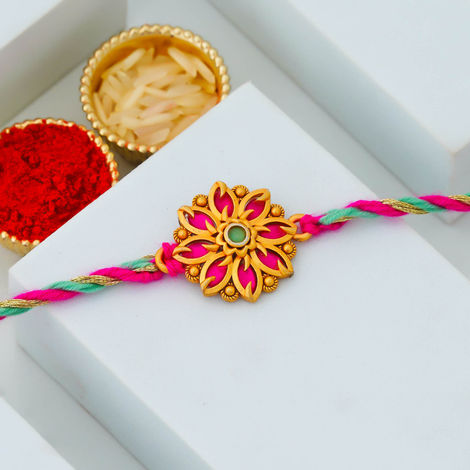 Floral Pink Flower Designer Rakhi for Bhaiya, Bhai, Bhabhi and Kids with Roli Chawal Pack (eCraftIndia)