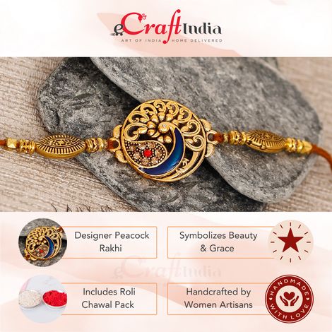 Peacock Golden Designer Rakhi & Roli Chawal Pack (eCraftIndia)