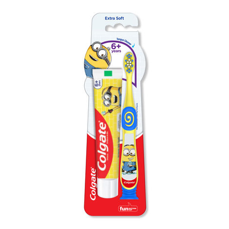 Colgate Kids (6+ years) Minion Toothbrush, Extra Soft with Tongue Cleaner - 1 Pc & Toothpaste