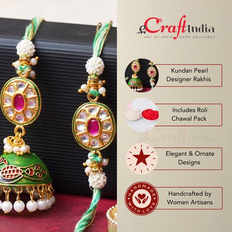 Bhaiya Bhabhi Kundan, Pearl Peacock Designer Rakhi for Brother and Bhabhi & Roli Chawal Pack (eCraftIndia) Set of 2