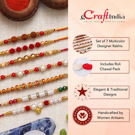 Religious Multicolor Rudraksha, Beads, Pearls, Designer Rakhis & Roli Chawal Pack Rakhis for Brothers (eCraftIndia) Set of 7
