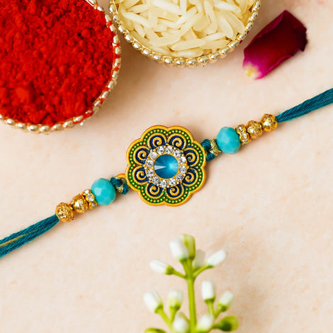 Floral Kundan Designer Rakhi for Bhaiya, Bhai, Bhabhi and Kids with Roli Chawal Pack (eCraftIndia)