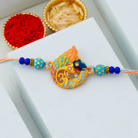 Peacock Rakhi for Brother, Kids, Bhai, and Bhaiya | Single Designer Rakhi with Roli Chawal Pack (eCraftIndia)