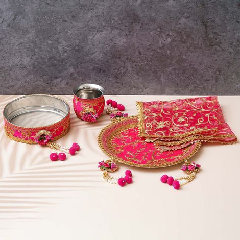 Karwa Chauth Pooja Thali Set - Floral Handcrafted | Pink & Golden | Stainless Steel | eCraftIndia