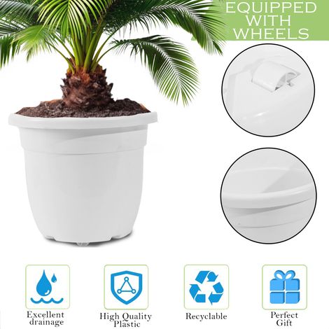 Kuber 14-Inch Plastic Plant Pot | Portable with Wheels | Indoor/Outdoor | White