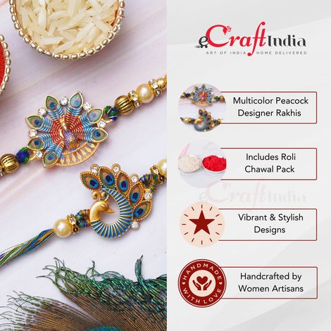 Peacock Multicolor Designer Rakhis for Brother, Bhabhi, Kids & Roli Chawal Pack (eCraftIndia) Set of 2