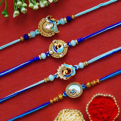 Peacock Designer Rakhis with Roli Chawal Pack for Brother, Bhaiya, Bhai, Bhabhi, and Kids (eCraftIndia) Set of 4
