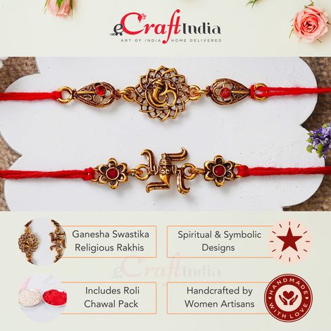 Religious Lord Ganesha, Swastika Symbol Religious Rakhis for Brothers & Roli Chawal Pack (eCraftIndia) Set of 2