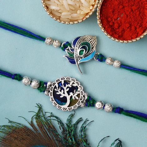 Religious Peacock Feather and Floral Designer Rakhis for Brothers & Roli Chawal Pack (eCraftIndia) Set of 2