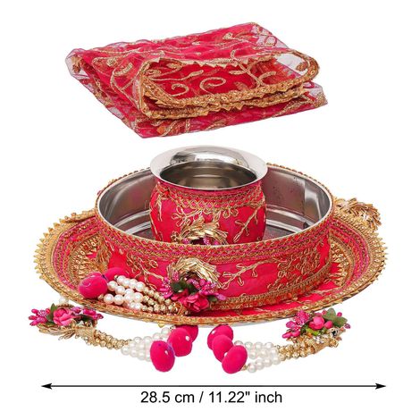 Karwa Chauth Pooja Thali Set - Floral Handcrafted | Pink & Golden | Stainless Steel | eCraftIndia