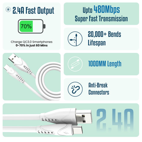 Aroma Electronic UC11 - 2.4 Amp USB-A to Type-C | 1 m Fast Charging Sync & Charge Data Cable |White