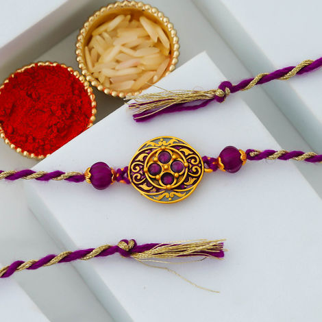 Stone Pink Golden Diamond Beads Designer Rakhi for Bhaiya, Bhabhi, Bhai, and Kids with Roli Chawal Pack (eCraftIndia)