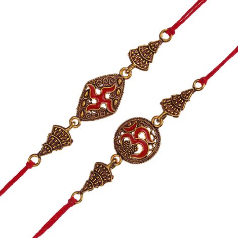 Religious Om and Swastika Symbol Religious Rakhis for Brothers & Roli Chawal Pack (eCraftIndia) Set of 2