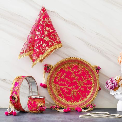 Karwa Chauth Pooja Thali Set - Floral Handcrafted | Pink & Golden | Stainless Steel | eCraftIndia