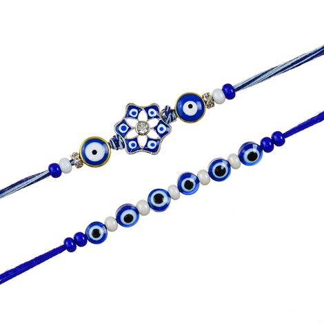 Evil Eye Floral Rakhis for Bhaiya, Bhai, Bhabhi and Kids with Roli Chawal Pack (eCraftIndia) Set of 2