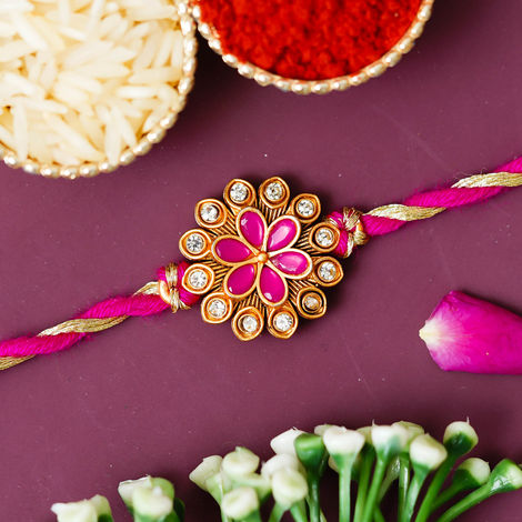 Floral Golden Pink Flower Designer Rakhi for Bhaiya, Bhai, Bhabhi and Kids with Roli Chawal Pack (eCraftIndia)
