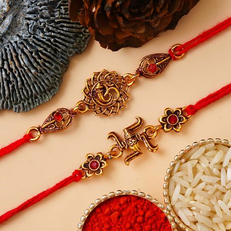 Religious Lord Ganesha, Swastika Symbol Religious Rakhis for Brothers & Roli Chawal Pack (eCraftIndia) Set of 2