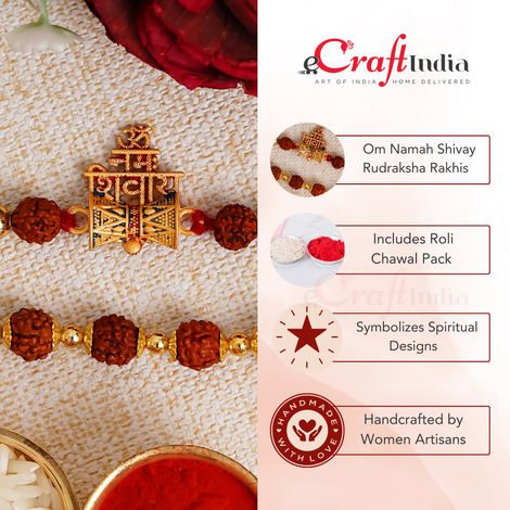 Religious Golden & Brown Om Namah Shivay with Damru and Rudraksha Rakhis & Roli Chawal Pack (eCraftIndia) Set of 2