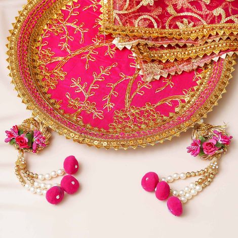 Karwa Chauth Pooja Thali Set - Floral Handcrafted | Pink & Golden | Stainless Steel | eCraftIndia