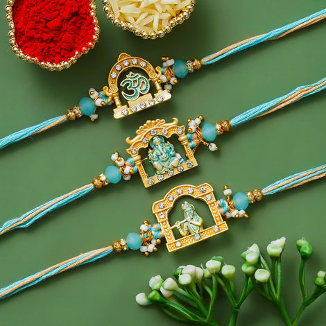 Religious Om Ganesha Krishna Designer Rakhis with Roli Chawal Pack | Rakhi for Brother Bhaiya Bhai Bhabhi Kids (eCraftIndia) Set of 3