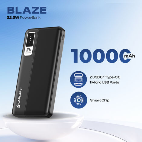 Lapcare Blaze 10000Mah Wired Power Bank | Dual USB Port + PD 22.5W Fast Charging USB Type-C Input | Led Indicator | Light Weight | Compact & Slim Design | Made in India - Black