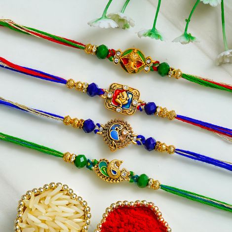 Religious Ganesha and Peacock Designer Rakhis with Roli Chawal Pack | Rakhi for Brother Bhaiya Bhai Bhabhi Kids (eCraftIndia) Set of 4