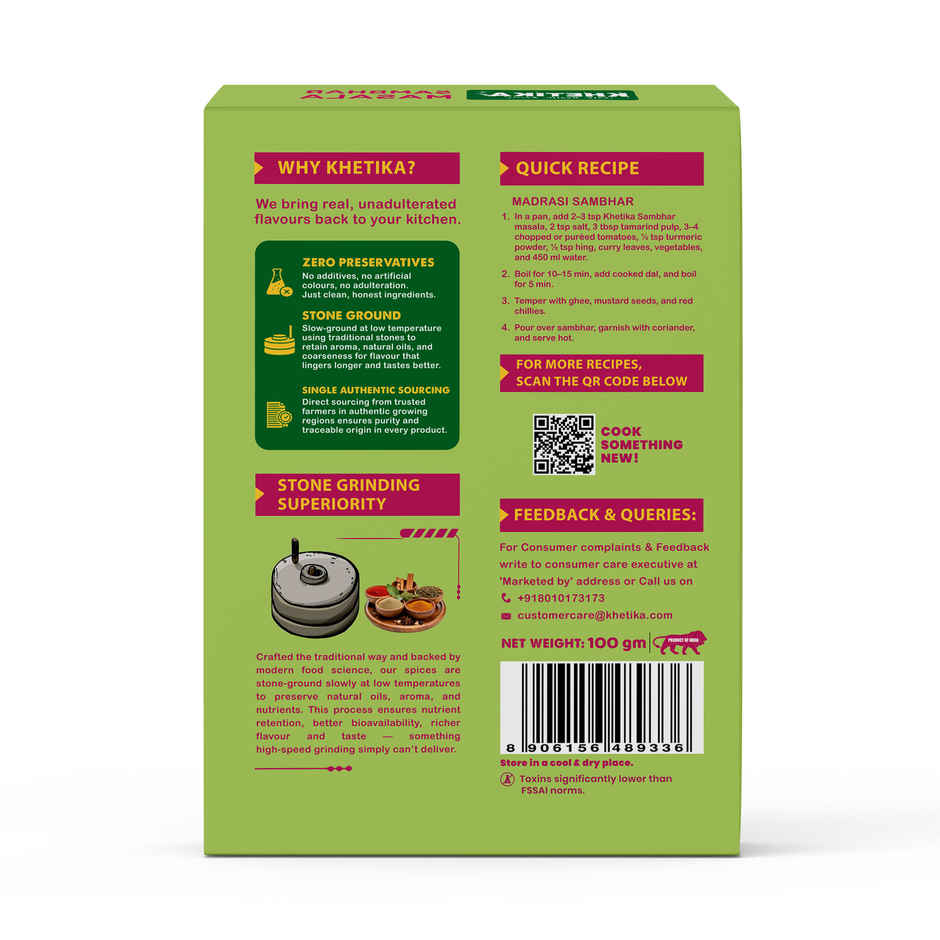 Khetika Sambhar Masala | Stone Ground | Zero Preservatives & Rich Aroma