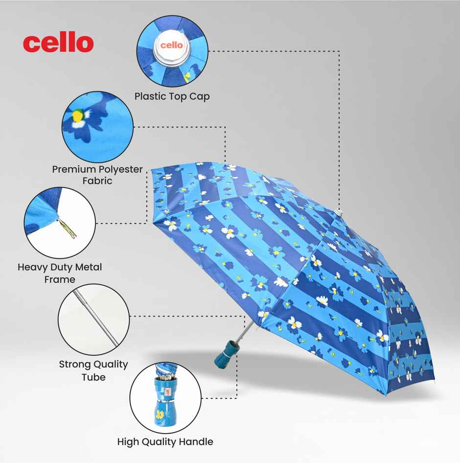 Cello Megha 21 Inch 2 Fold Mix Print Umbrella | Silver Navy Blue