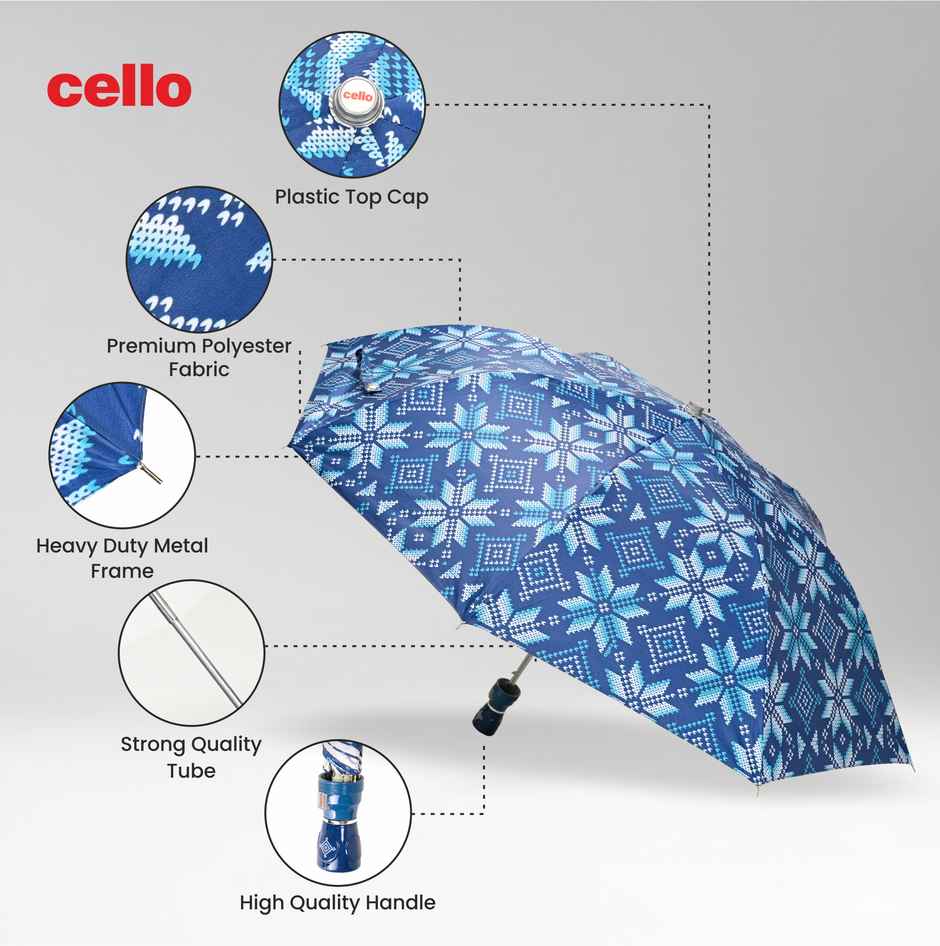 Cello Megha 21 Inch 2 Fold Mix Print Umbrella | Silver Blue