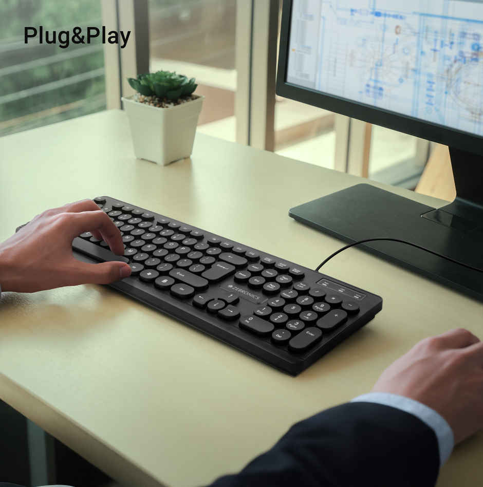 Zebronics K24 Wired USB Keyboard, 104 Keys, Long Life 8 Million Keystrokes, Silent & Comfortable Use, Slim Design, Retractable Stand, 1.5 Meter Textured Cable, UV Coated keycaps -  Black