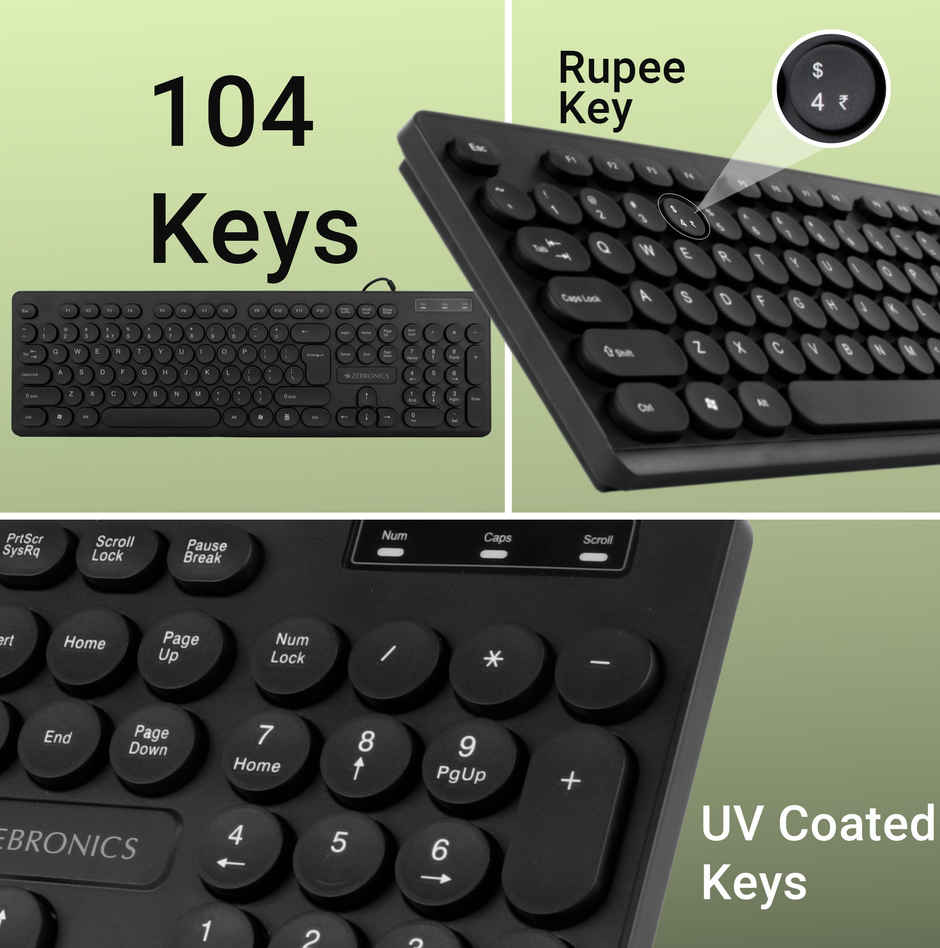 Zebronics K24 Wired USB Keyboard, 104 Keys, Long Life 8 Million Keystrokes, Silent & Comfortable Use, Slim Design, Retractable Stand, 1.5 Meter Textured Cable, UV Coated keycaps -  Black