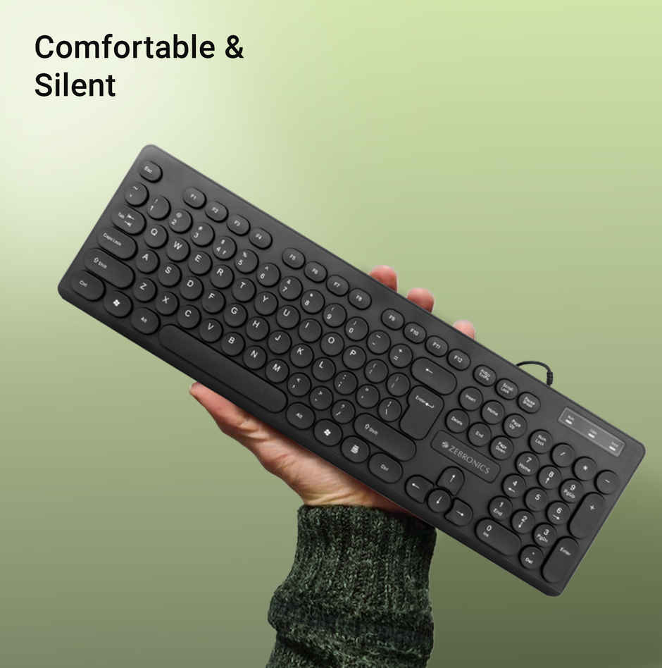 Zebronics K24 Wired USB Keyboard, 104 Keys, Long Life 8 Million Keystrokes, Silent & Comfortable Use, Slim Design, Retractable Stand, 1.5 Meter Textured Cable, UV Coated keycaps -  Black