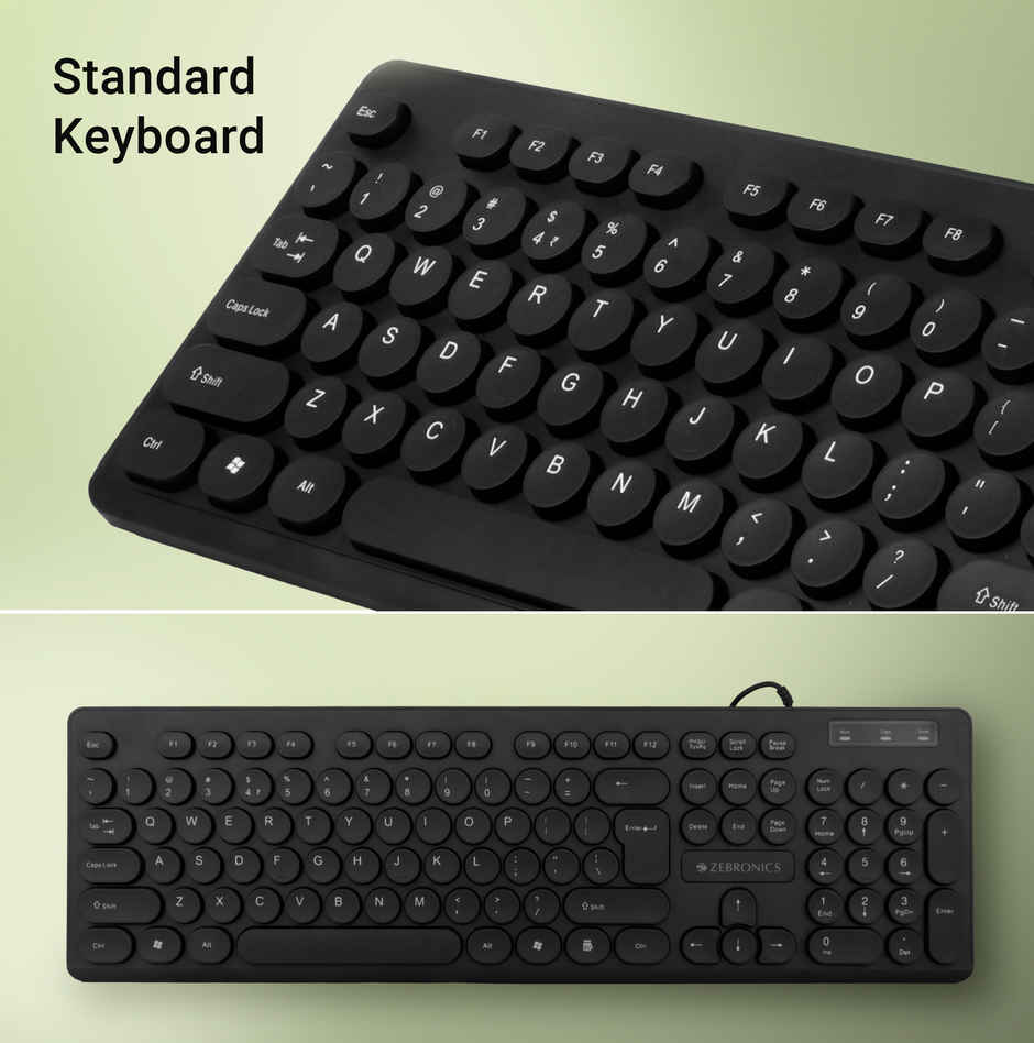 Zebronics K24 Wired USB Keyboard, 104 Keys, Long Life 8 Million Keystrokes, Silent & Comfortable Use, Slim Design, Retractable Stand, 1.5 Meter Textured Cable, UV Coated keycaps -  Black