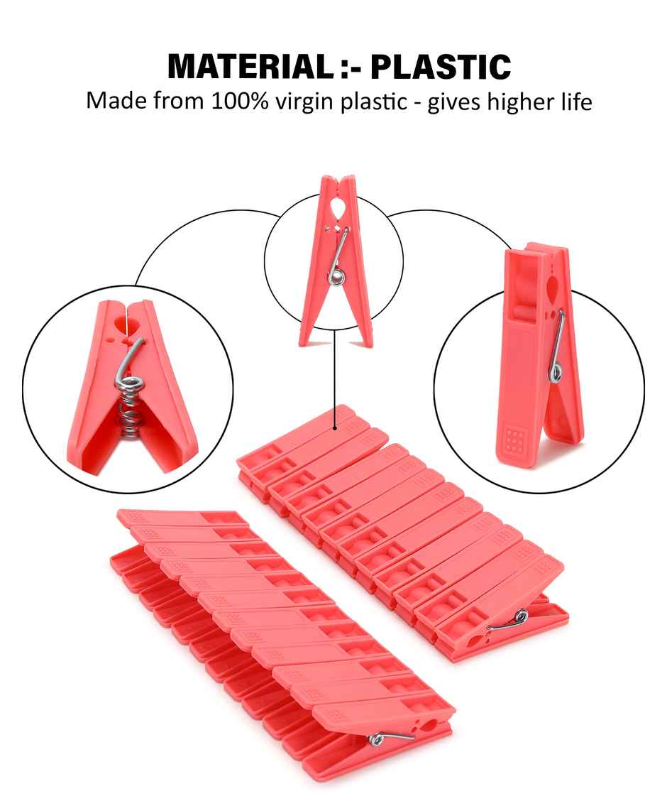 Jalore Plastic Cloth Clips | Pink | Pack Of 12