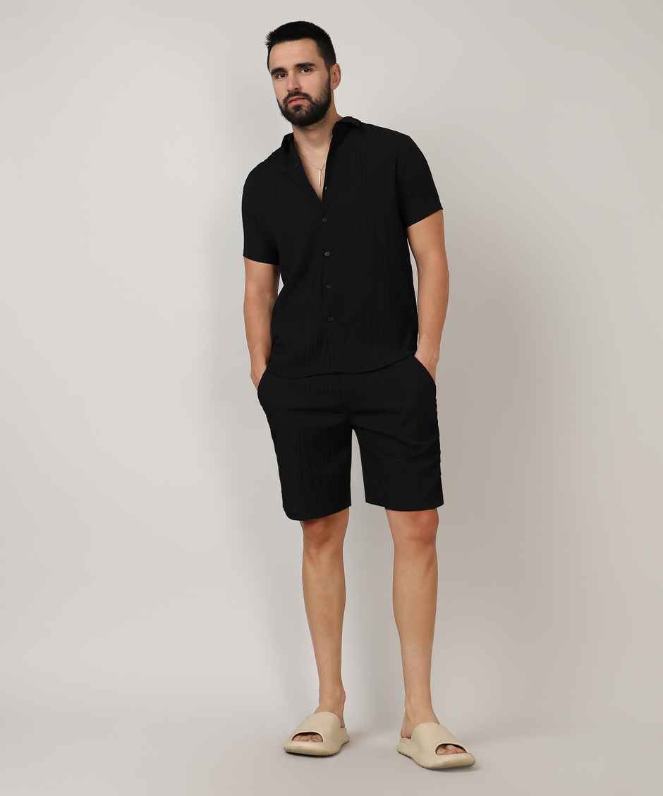 Campus Sutra Men's Self-Design Striped Co-Ord Set | Black - L