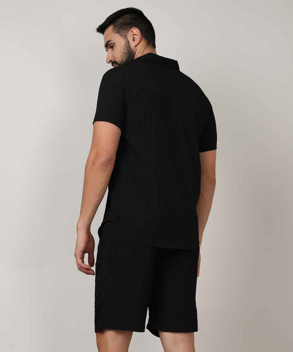 Campus Sutra Men's Self-Design Striped Co-Ord Set | Black - L