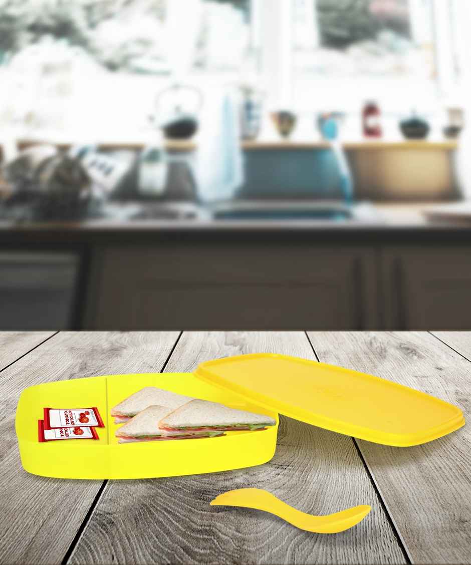 Java 400 ml Plastic Lite Lunch Box with Spork - Yellow