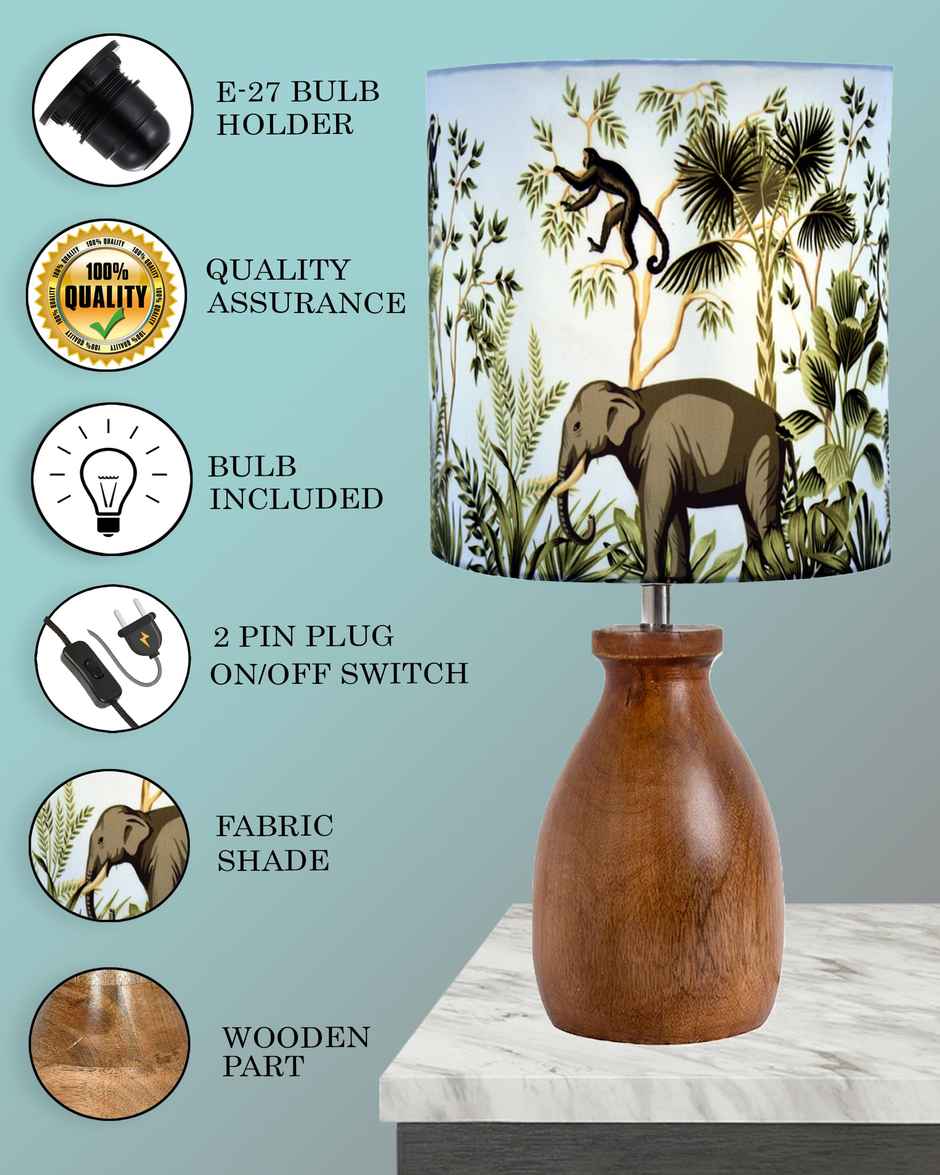 Homesake Dovel Pot Modern Wooden Table Lamp with Fabric Shade, Jungle
