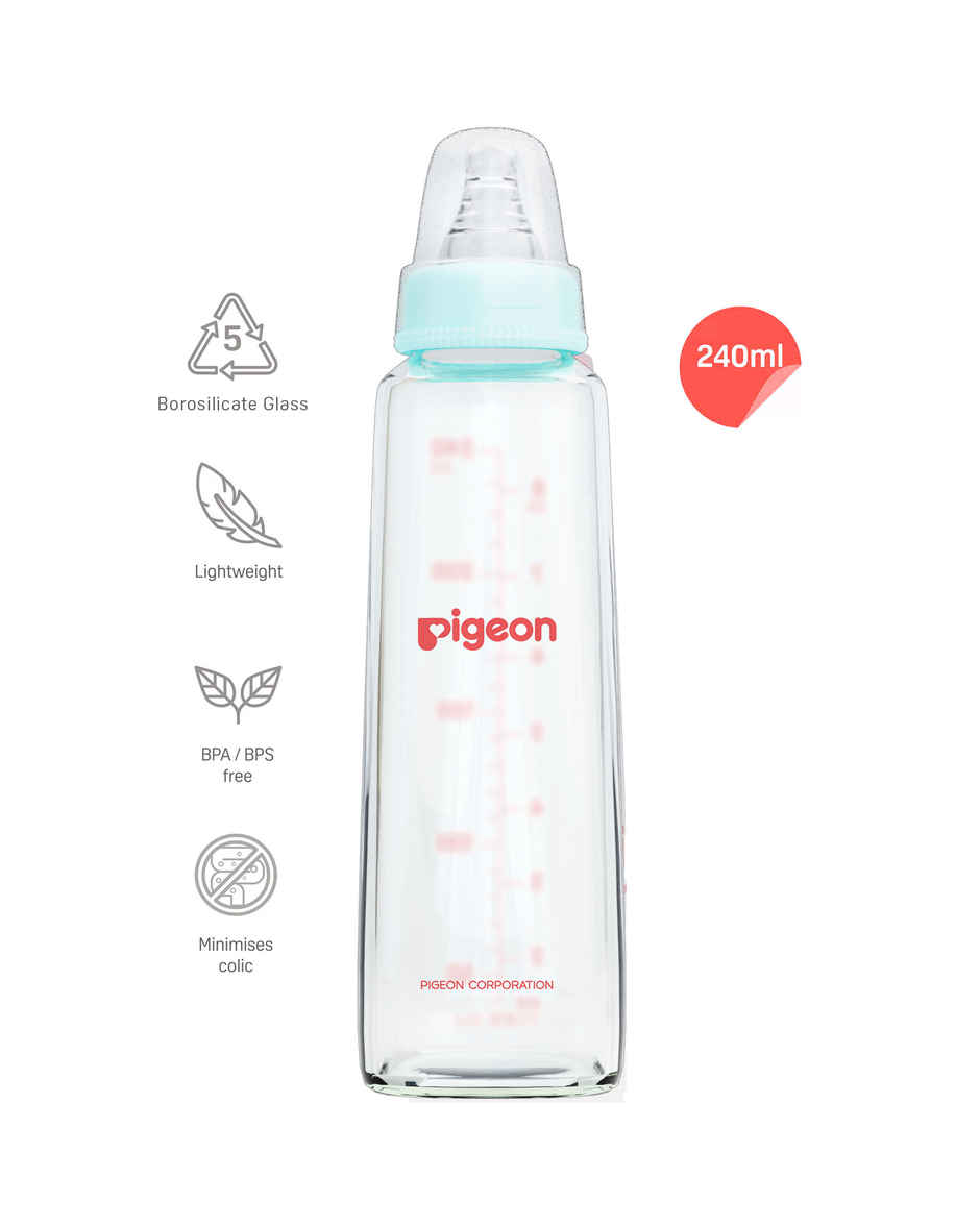 Pigeon Baby Care Glass Feeding Bottle | 240ml | Pale Blue Nipple L