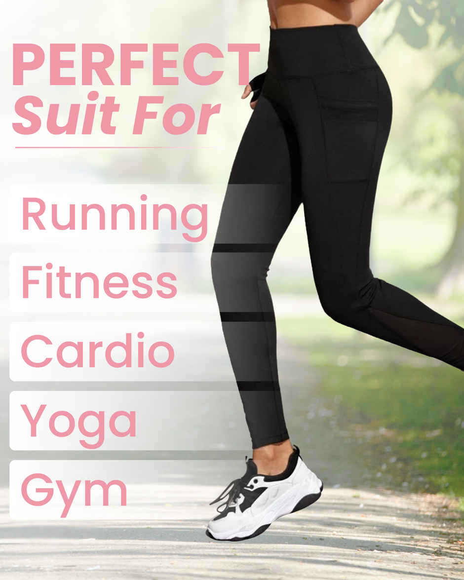 Blinkin Women's Gym Pants & Tights - Black | Stretchable | With Mesh Insert & Side Pockets | XXl