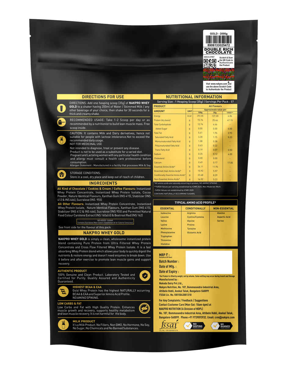 Nakpro Gold Whey Protein Concentrate Double Rich Chocolate 25.5G Protein 5.6G Bcaa
