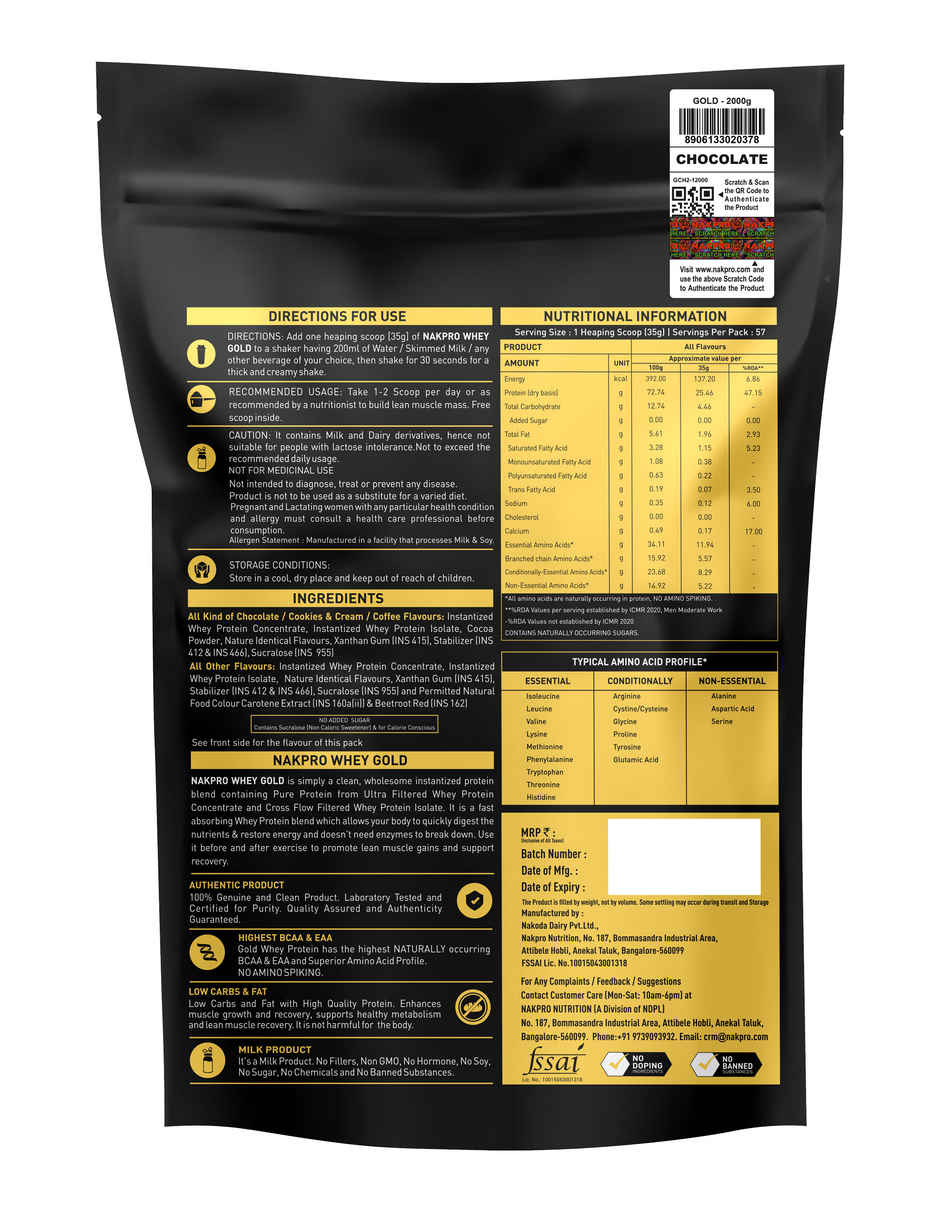 Nakpro Gold Whey Protein Concentrate Chocolate 25.5G Protein 5.6G Bcaa Trustified Certified