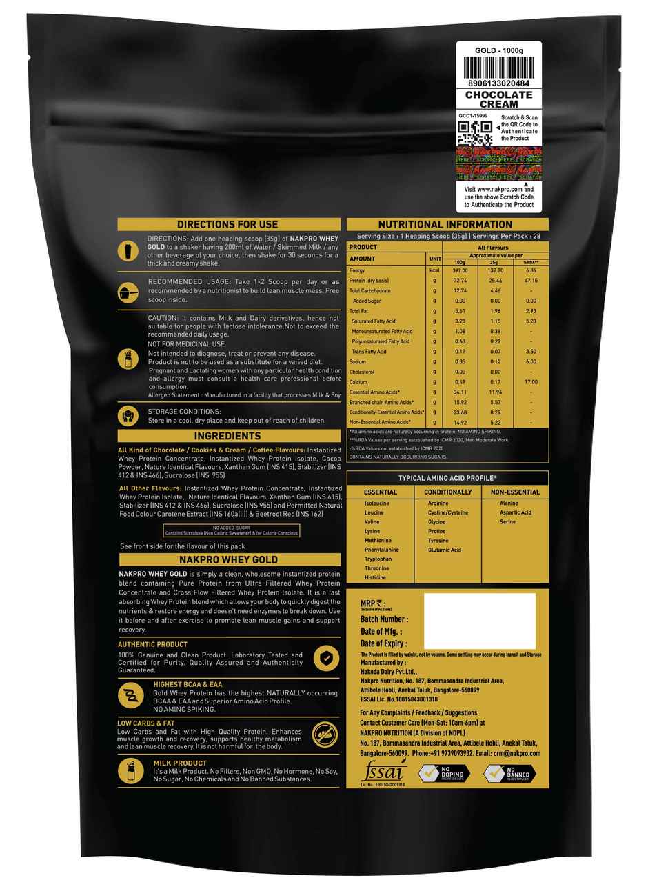 Nakpro Gold Whey Protein Concentrate Chocolate Cream 25.5G Protein 5.6G Bcaa Trustified Certified