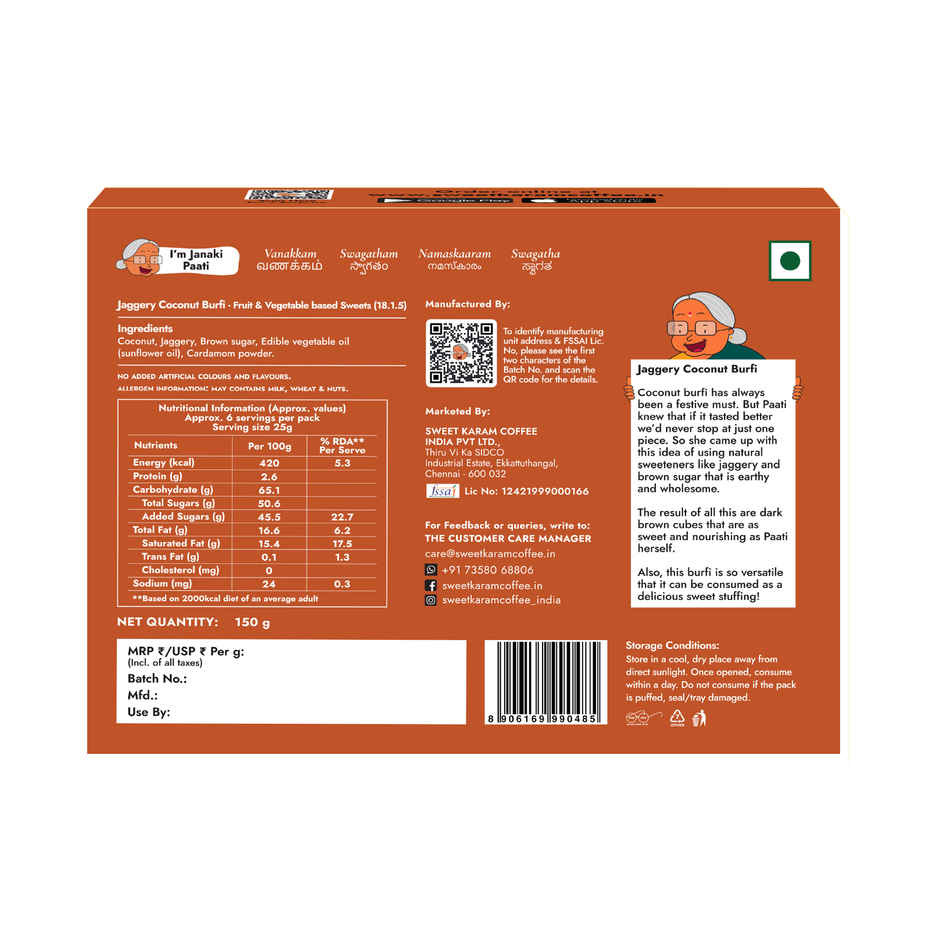 Sweet Karam Coffee Jaggery Coconut Burfi - No Preservatives