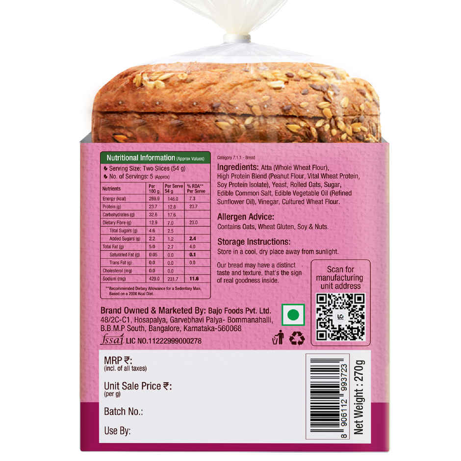 Protein Chef Double Protein Bread (No Maida, Multigrain Brown Bread) - Made with MP Sharbati Wheat Combo